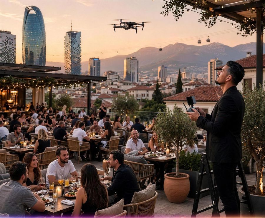 Rooftop restoranti, dron mbi Tiranë