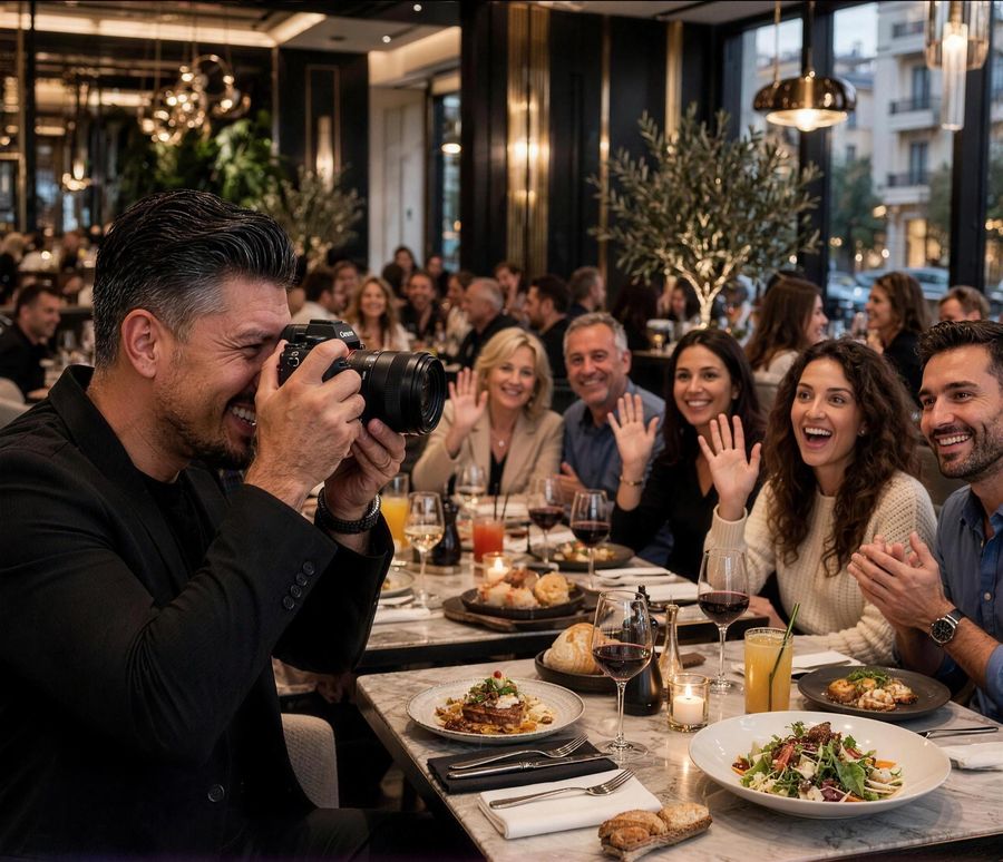 Restorant në Tiranë, Vini fotografon një tavolinë me klientë