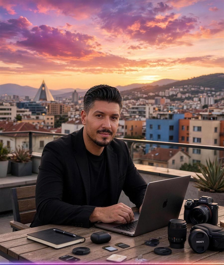 Vini on a Tirana rooftop at sunset